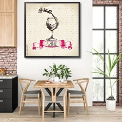 «Иллюстрация с бокалом вина» в интерьере кухни с кирпичными стенами над столом