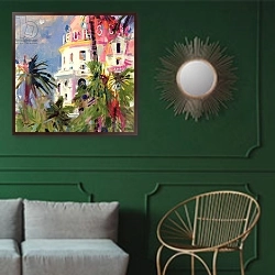 «Riviera Balcony, 2002» в интерьере классической гостиной с зеленой стеной над диваном