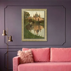 «Kelvingrove, View from the River, 1888» в интерьере гостиной с розовым диваном