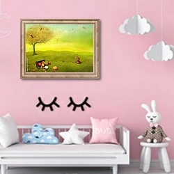 «Яркий осенний пейзаж с корзинкой овощей и белочкой» в интерьере детской комнаты для девочки в розовых тонах