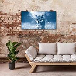«Волк на фоне снежного леса» в интерьере гостиной в стиле лофт над диваном