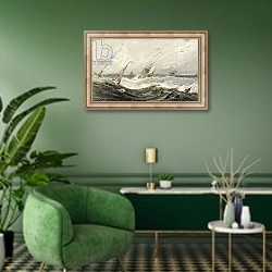 «Boats on a Stormy Sea» в интерьере гостиной в зеленых тонах