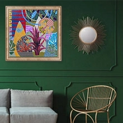 «Three Commas of the Serendip» в интерьере классической гостиной с зеленой стеной над диваном