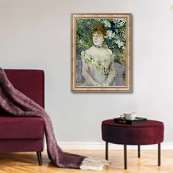 «Young girl in a ball gown, 1879» в интерьере гостиной в бордовых тонах