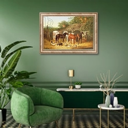 «Farmyard Companions» в интерьере гостиной в зеленых тонах