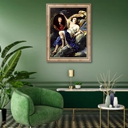 «Fame Presenting a Portrait of Louis XIV to France» в интерьере гостиной в зеленых тонах