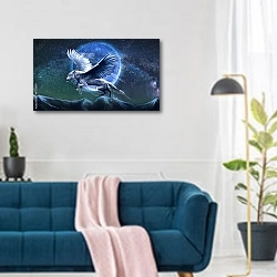 «Крылатый волк» в интерьере современной гостиной над синим диваном