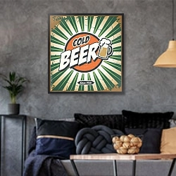 «Ретро плакат с холодным пивом» в интерьере гостиной в стиле лофт в серых тонах