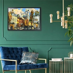 «Старый город Витебск» в интерьере в классическом стиле с зеленой стеной