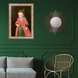 «Eleanor Gonzaga, 1600» в интерьере классической гостиной с зеленой стеной над диваном