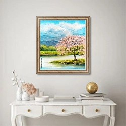 «Цветущее розовое дерево на озере» в интерьере в классическом стиле над столом