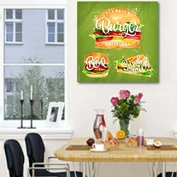 «Набор из бургера, барбекю и сэндвича» в интерьере кухни рядом с окном