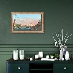 «View of the Grand Canal, Venice, with the Palazzo Ducale and the Salute» в интерьере прихожей в зеленых тонах над комодом