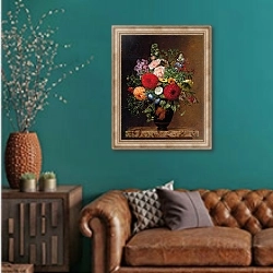 «Lilac, apple blossom, cornflowers and sweet williams with a pot of violas on a ledge, 1827 1» в интерьере гостиной с зеленой стеной над диваном
