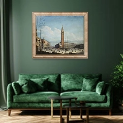 «The Piazza San Marco and the Piazzetta, Venice, looking South-West, 1741» в интерьере зеленой гостиной над диваном