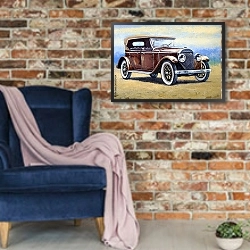 «Коричневый ретро-автомобиль» в интерьере в стиле лофт с кирпичной стеной и синим креслом