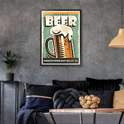 «Ретро плакат с пивной кружкой» в интерьере гостиной в стиле лофт в серых тонах