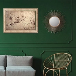 «W.61v Male figure studies» в интерьере классической гостиной с зеленой стеной над диваном