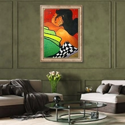 «Sleeping girl, 2001, oil on canvas» в интерьере гостиной в оливковых тонах