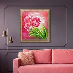 «Три красных тюльпана на красном» в интерьере гостиной с розовым диваном