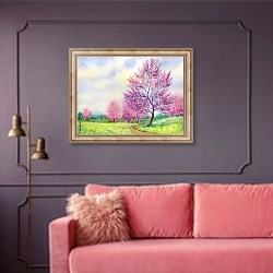 «Цветущее дерево в поле» в интерьере гостиной с розовым диваном