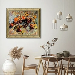 «Натюрморт с яблоками, грушами, лимонами и виноградом» в интерьере кухни в стиле ретро над обеденным столом