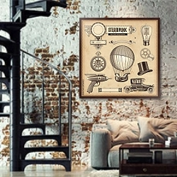«Элементы стимпанка» в интерьере двухярусной гостиной в стиле лофт с кирпичной стеной