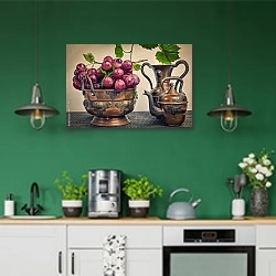 «Красный виноград и кувшин в восточном стиле» в интерьере кухни с зелеными стенами