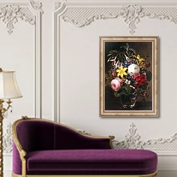 «Roses, Lilies, Pansies and other Flowers in a Vase,» в интерьере в классическом стиле над банкеткой