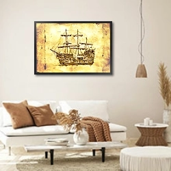 «Античный корабль, рисунок ручной работы» в интерьере светлой гостиной в стиле ретро