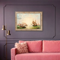 «A trading brig and other vessels off the entrance to Scarborough» в интерьере гостиной с розовым диваном
