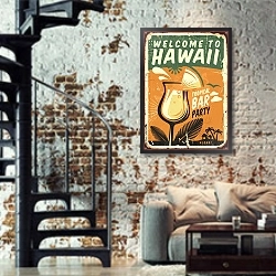 «Гавайи, винтажная вывеска тропического бара» в интерьере двухярусной гостиной в стиле лофт с кирпичной стеной