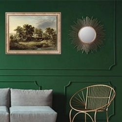 «Телега с сеном» в интерьере классической гостиной с зеленой стеной над диваном