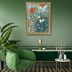 «Бабочки и маки, 1890» в интерьере гостиной в зеленых тонах