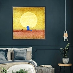 «Голубой котенок на фоне огромного Солнца» в интерьере классической спальни с темными стенами