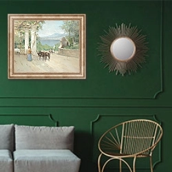 «Дама с мулами на террасе» в интерьере классической гостиной с зеленой стеной над диваном