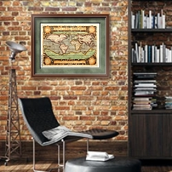 «Древняя карта мира, 1587» в интерьере кабинета в стиле лофт с кирпичными стенами
