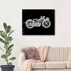 «Силуэт старинного мотоцикла, заполненный текстом» в интерьере современной светлой гостиной над диваном