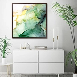 «Abstract green with gold ink art 3» в интерьере светлой минималистичной гостиной над комодом