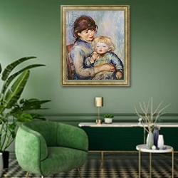«Maternity, or Child with a biscuit, 1887» в интерьере гостиной в зеленых тонах