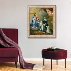 «The Virgin Mary gives the Crown and Sceptre to Louis XIV, 1643» в интерьере гостиной в бордовых тонах