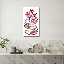 «Чашки чая и блюдца с цветами розы» в интерьере кухни в серых тонах
