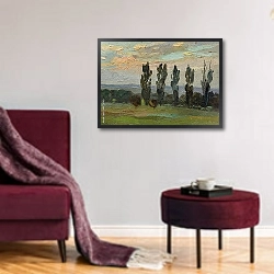 «Летний пейзаж масляными красками» в интерьере гостиной в бордовых тонах