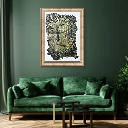 «Hedgerow» в интерьере зеленой гостиной над диваном