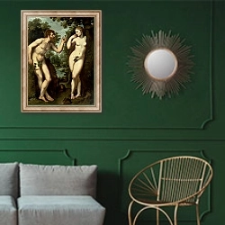 «Adam and Eve, c.1599» в интерьере классической гостиной с зеленой стеной над диваном