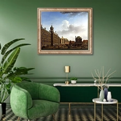 «Вид на Таун Холл, Ньюве Керк и Вааг, Амстердам» в интерьере гостиной в зеленых тонах