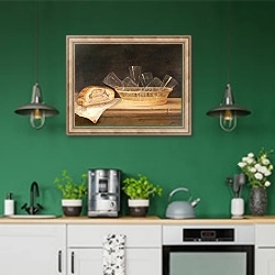 «Basket of Glasses and a Meat Pie, before 1630» в интерьере кухни с зелеными стенами
