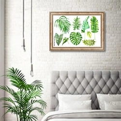 «Набор тропических акварельных листьев» в интерьере спальни в скандинавском стиле над кроватью