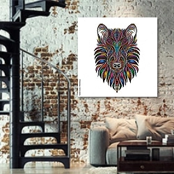 «Портрет волка с разноцветным узором» в интерьере двухярусной гостиной в стиле лофт с кирпичной стеной
