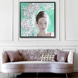 «Portrait of a girl blossoming, 2015,» в интерьере классической гостиной с зеленой стеной над диваном